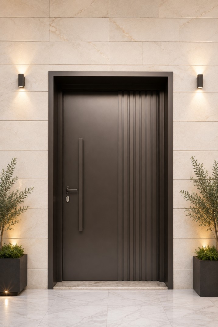 Luxury wrought iron villa gate at dusk